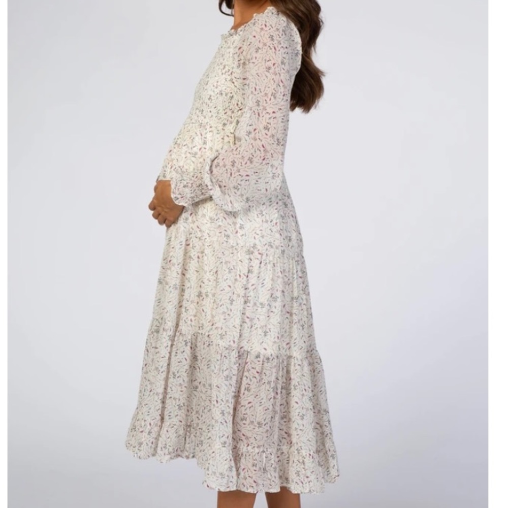 Pinkblush Ivory Floral Smocked Front Ruffle Hem Maternity Midi Dress